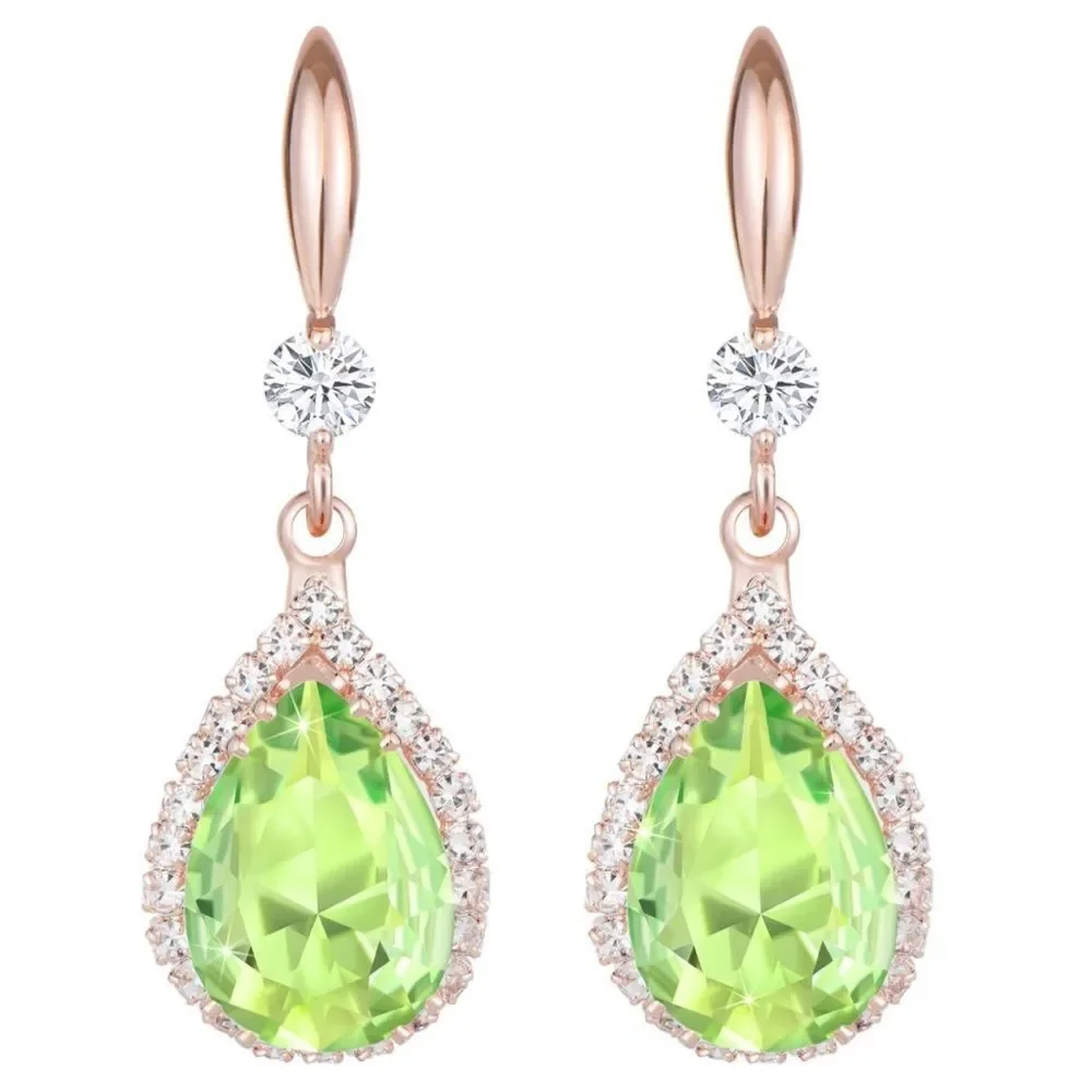 14K Rose Gold with Peridot Green Cubic Zirconia Teardrop Hook Dangling Earrings